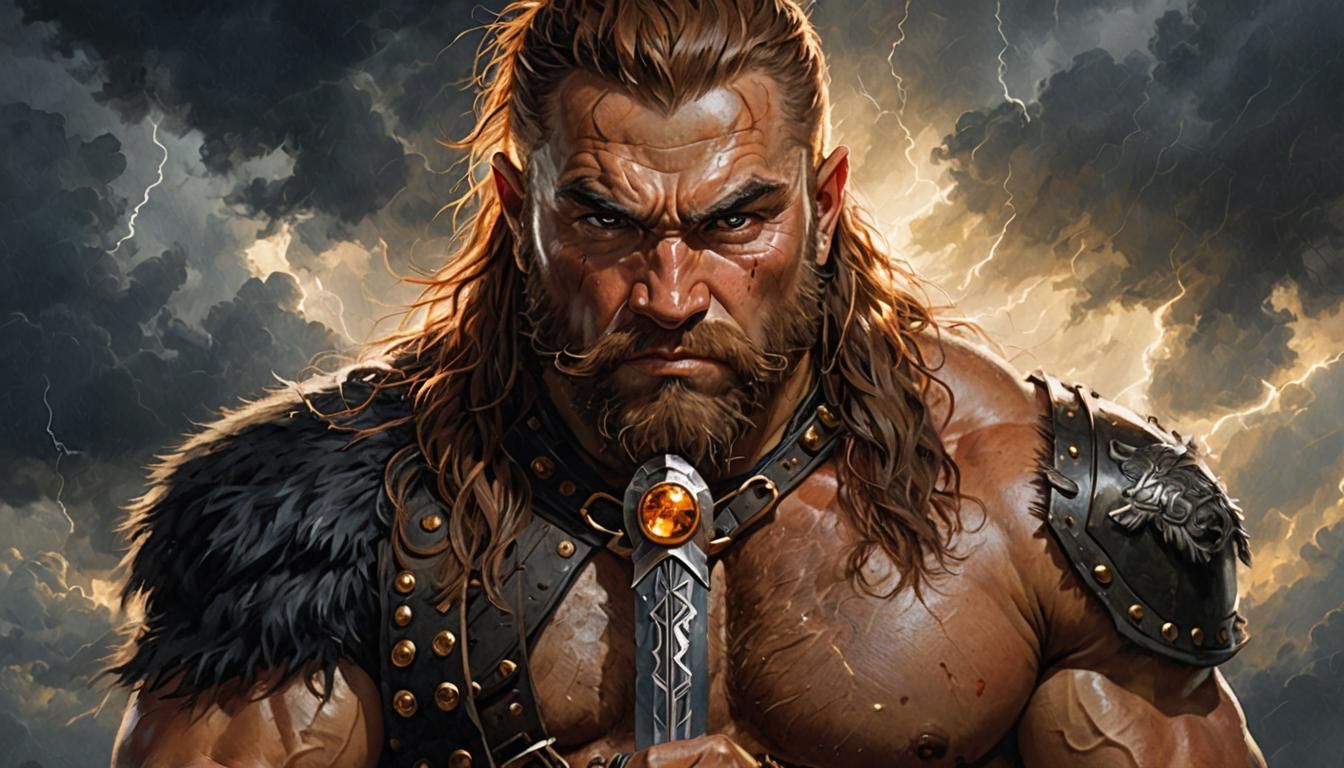 Dwarf Warrior Portrait with Sword and Lightning