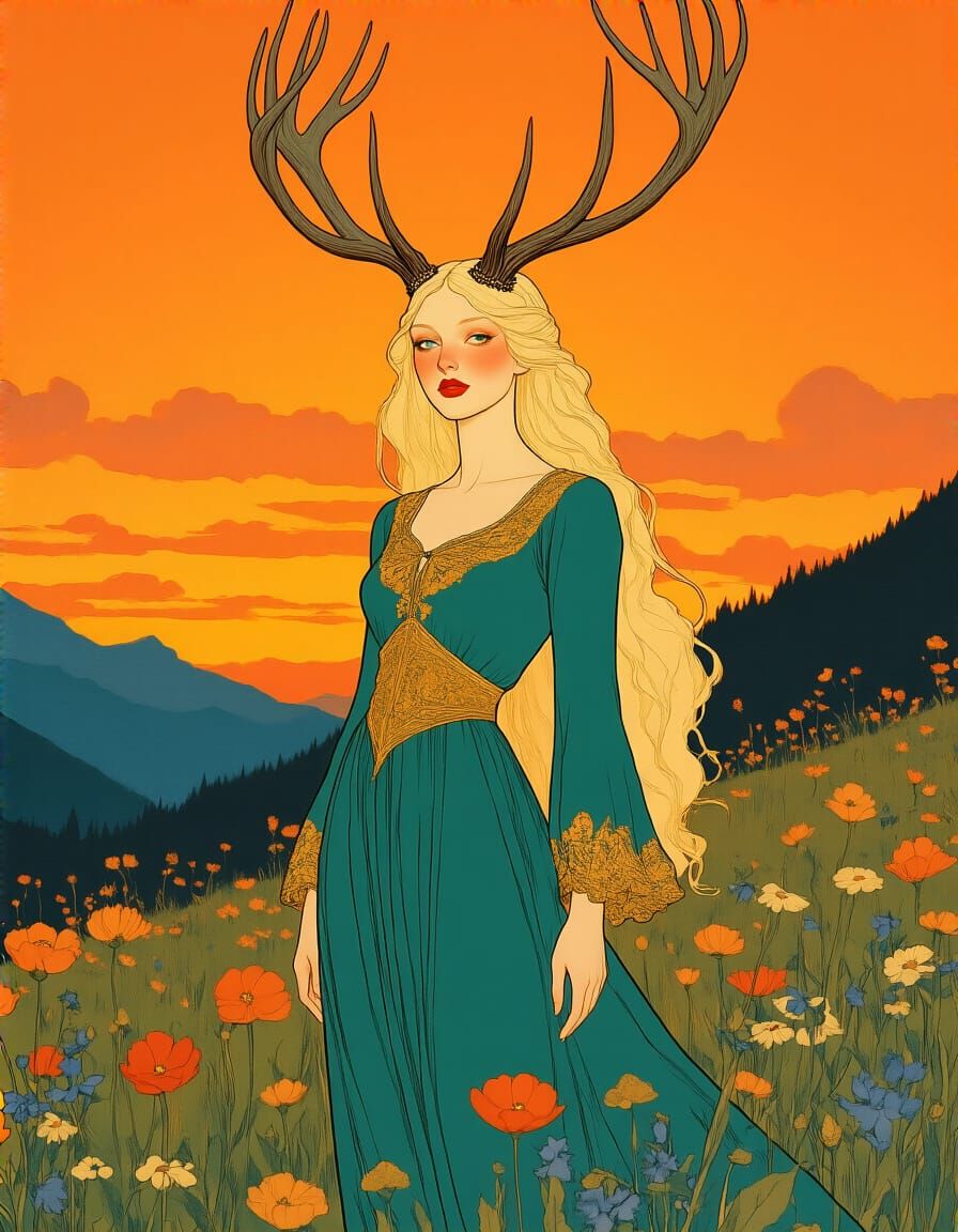 Alpine Meadow Woman with Stag Antlers in Golden Light