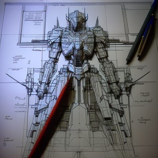 Detailed Blueprint Drawing of an Intimidating Gundam