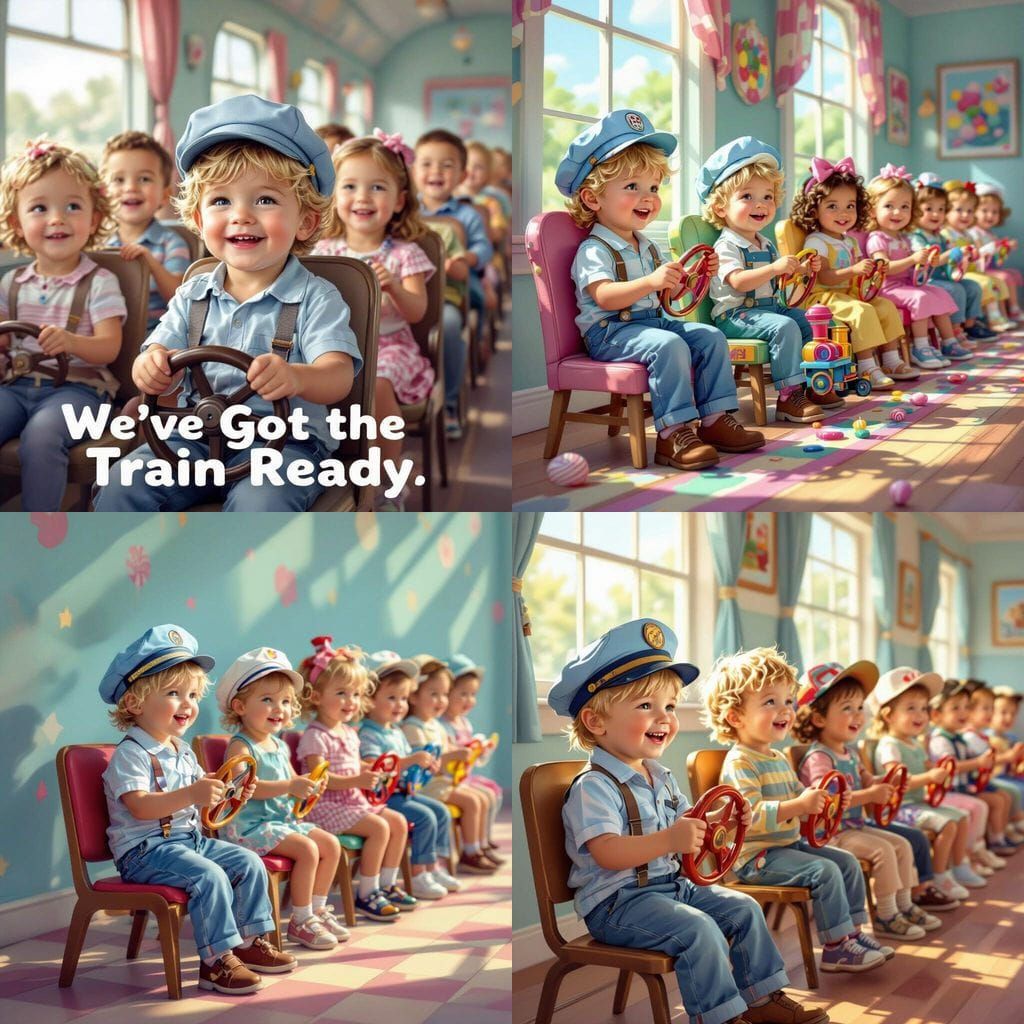 Toddlers Playfully Pretend to Be a Train in Candy Art Style