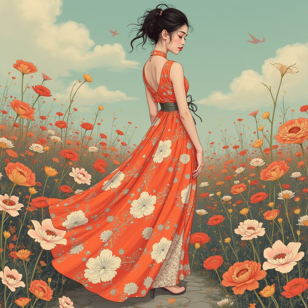 Floral Asian Woman in a Vibrant Flower Field