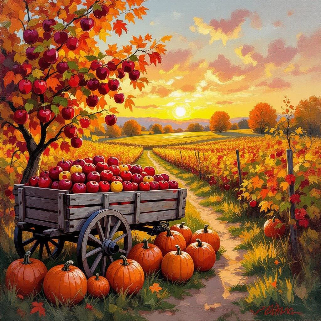 Vibrant Autumn Orchard Harvest in Golden Sunset Light