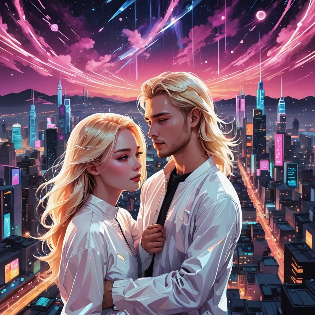 Romantic Couple in Futuristic Cityscape Under Starry Skies
