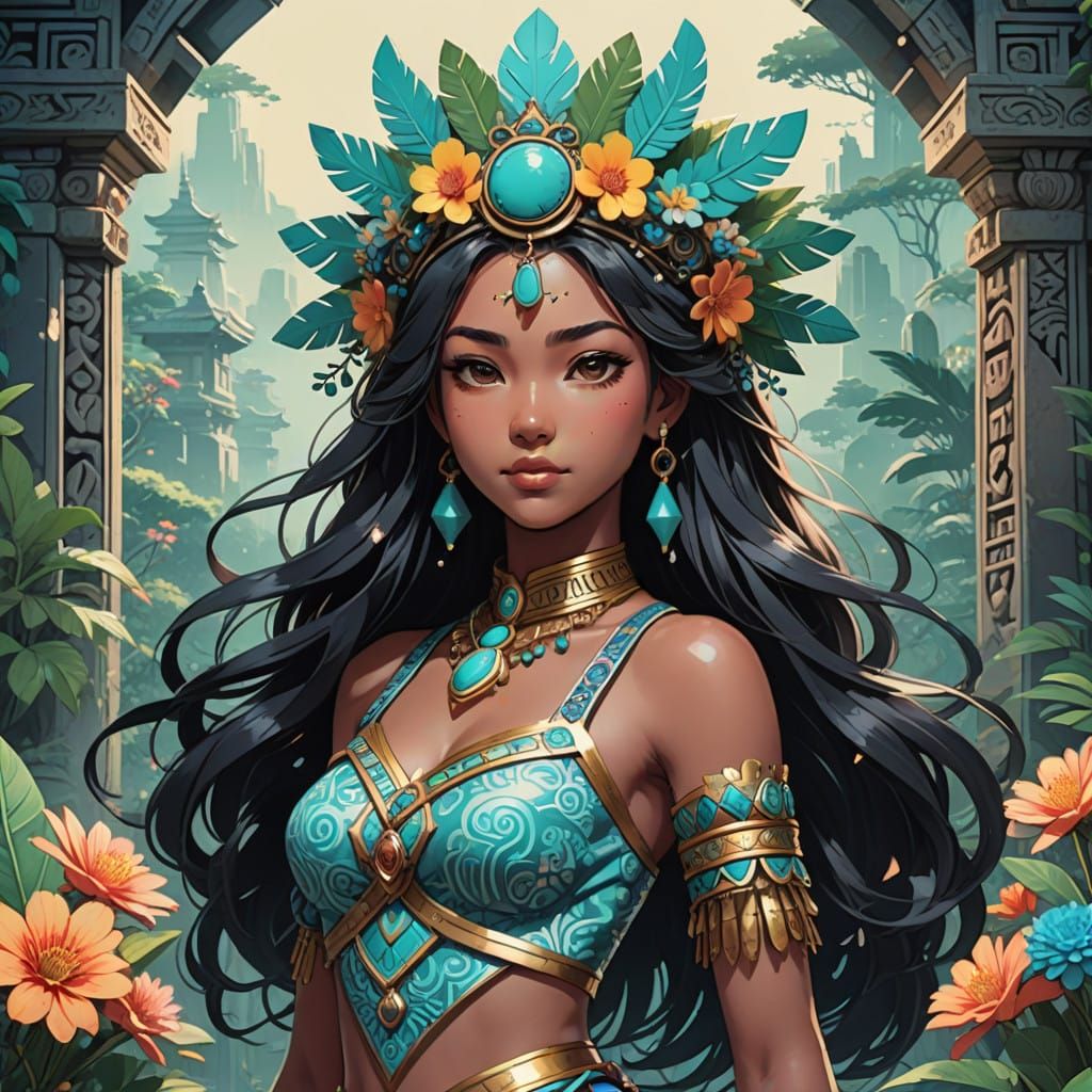 Aztec Princess in Ancient Temple with Vibrant Mayan Motifs