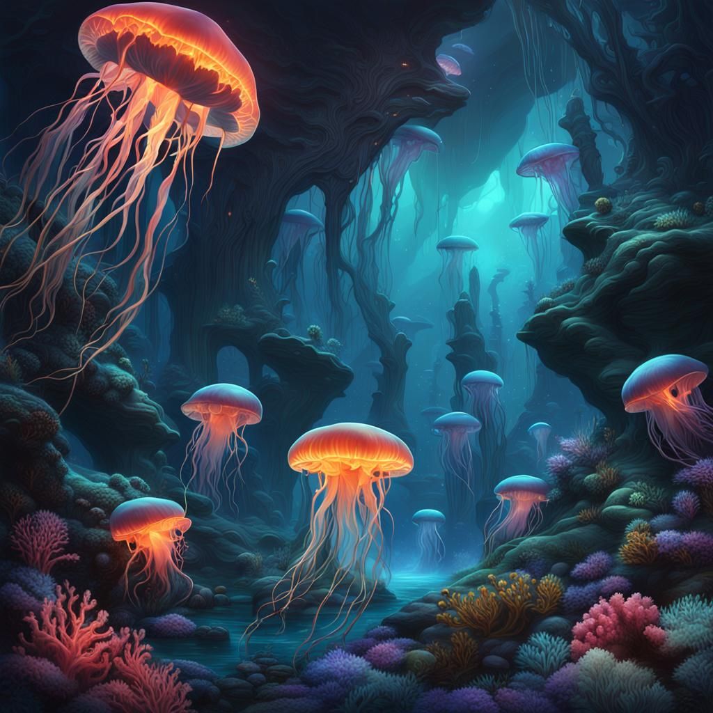 Bioluminescent Jellyfish in Alien Ocean Depths