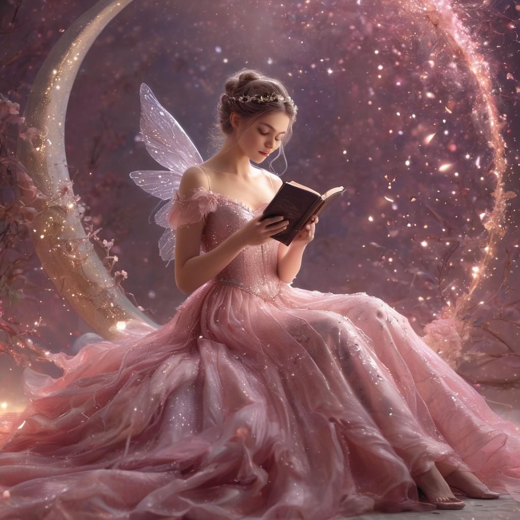 Fairy Reading on Crescent Moon in Dreamy Style