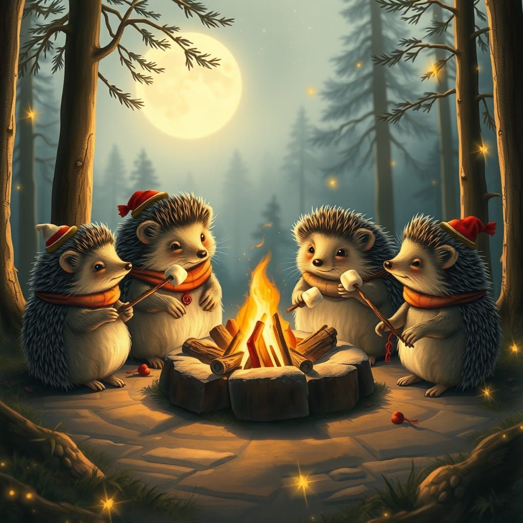 Whimsical Hedgehogs Roasting Marshmallows in Moonlit Forest