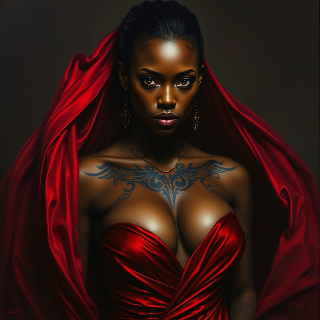 Seductive African Goddess in Intricate Tattoos and Crimson G...
