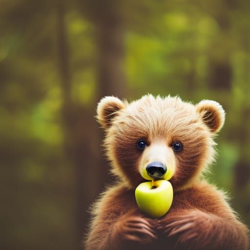 Cute Bear Cub with Apple in Forest