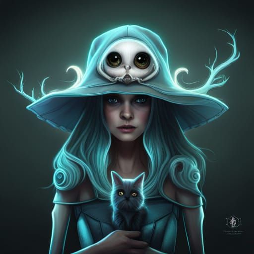 Cute Skeleton Creature with Kitten in Digital Art