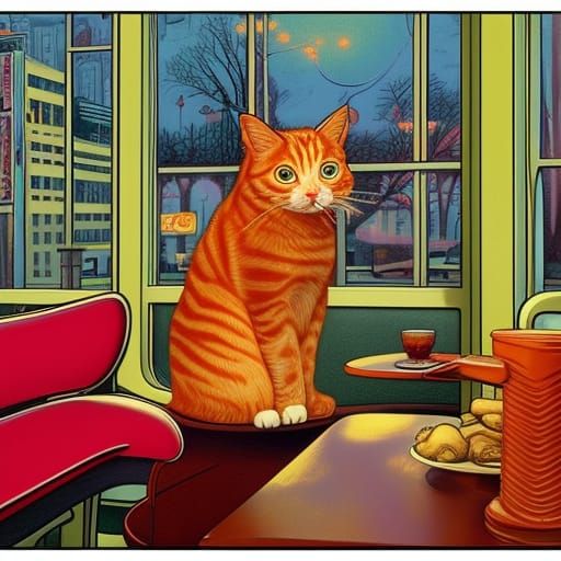 Ginger Cat Sipping Soda in 1920s Diner