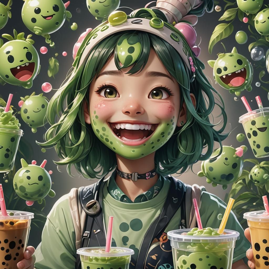 Smiling Bubble Tea Plushie Portrait in Art Nouveau Style