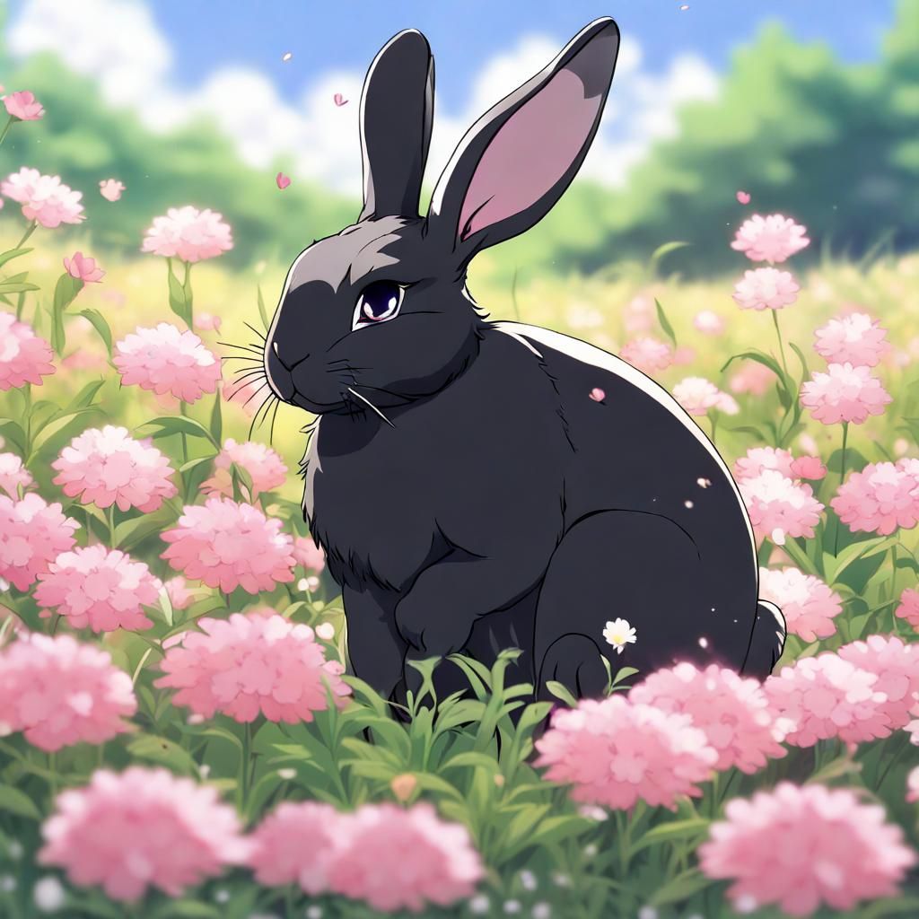 Cute Black Rabbit in Flower Field: Anime Style