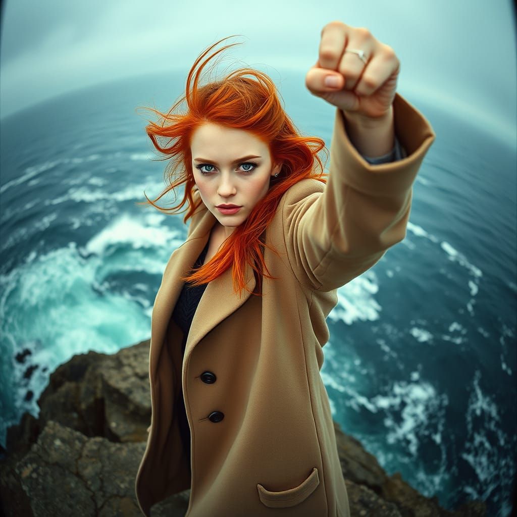 Red-Haired Woman Defiant on Stormy Cliff: Cinematic Style