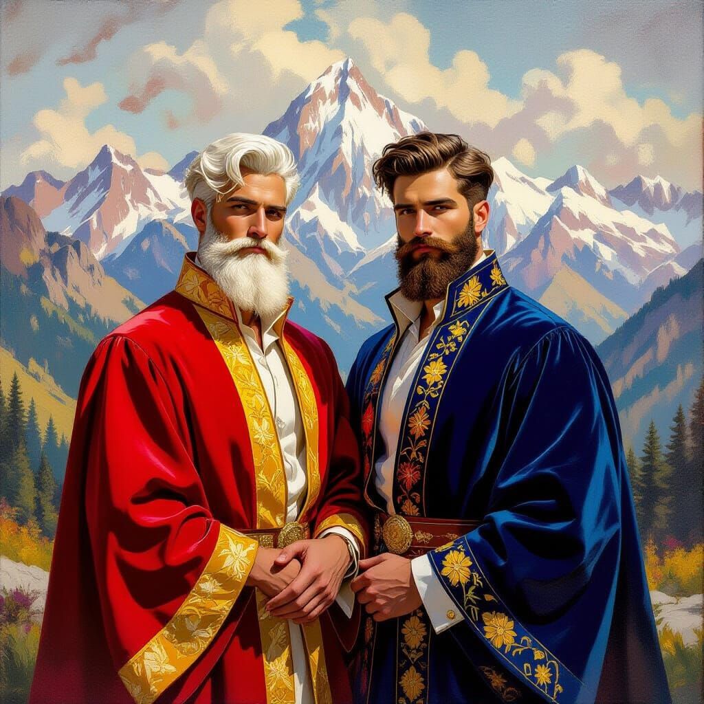 Men in Velvet Robes, Impasto Oil Painting