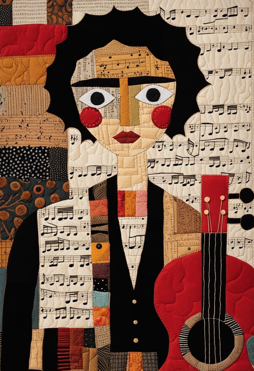 Dark Moody Folk Art Masterpiece with Mixed Media and Textile...