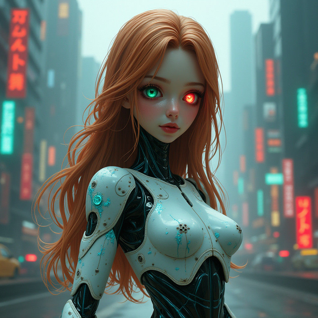 Robot Girl Bleeding Blue in Cyberpunk Cityscape