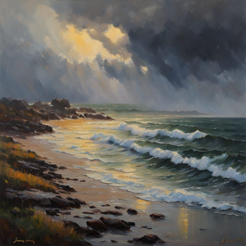 Impressionist Coastal Scene with Golden Rain