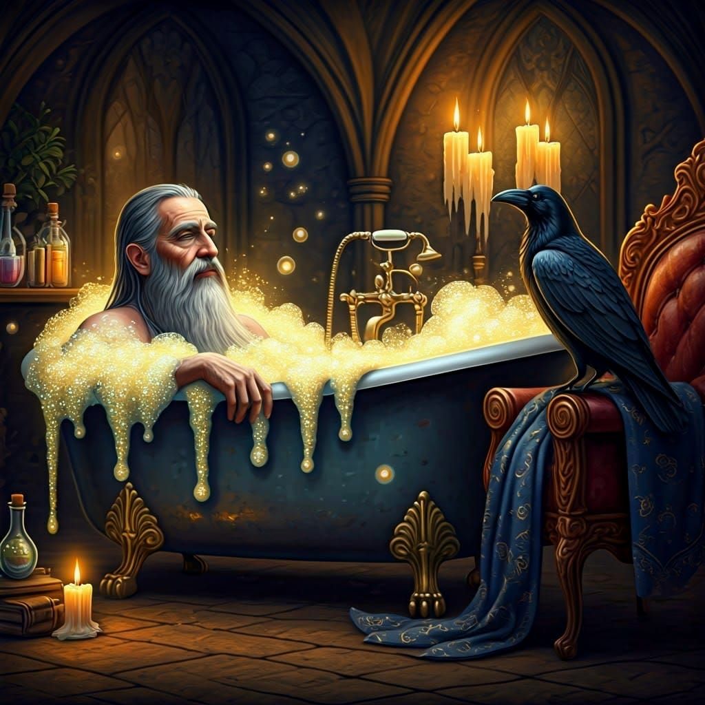 Wizard Enjoys Sparkling Magical Bath in Vintage Tub