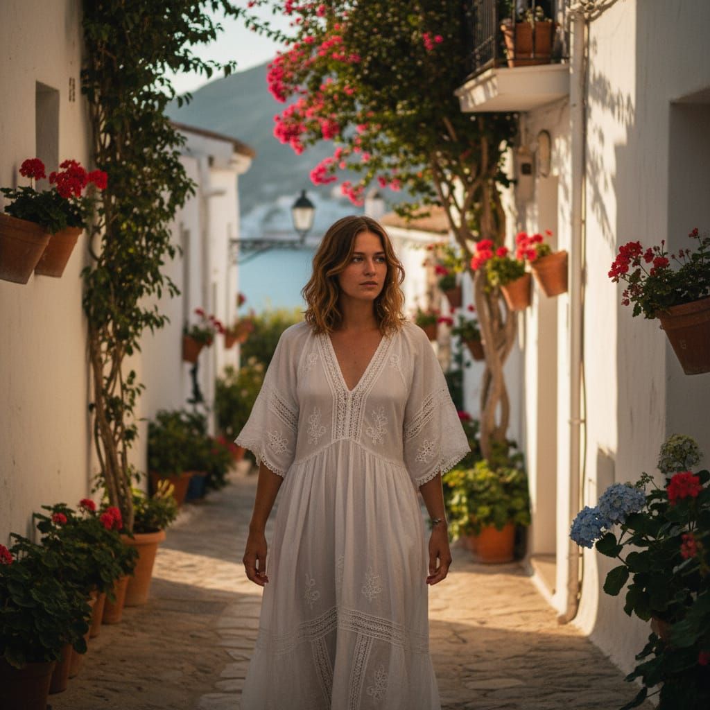 Young Woman in White Dress Strolling Through Village