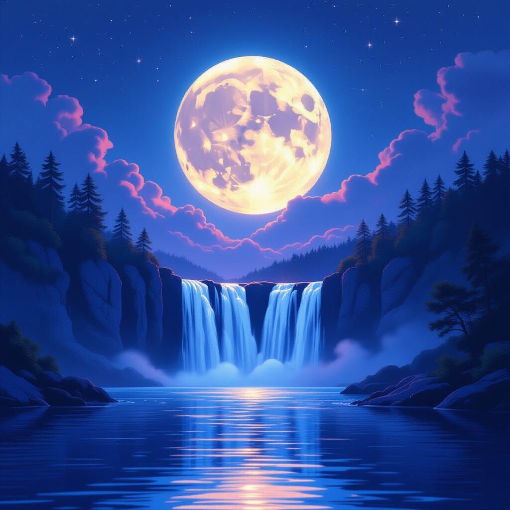 Crescent Moon with Lake and Waterfall
