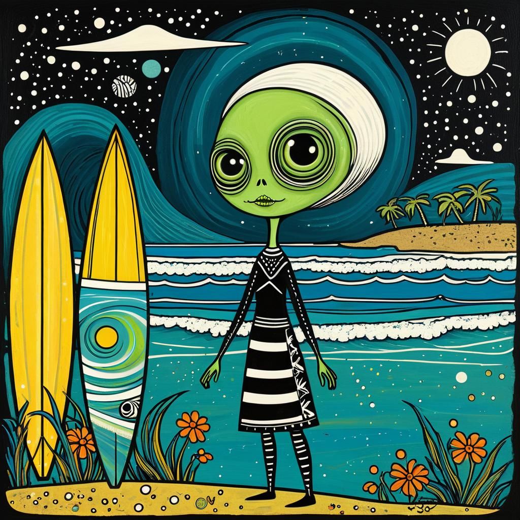 Alien Surfer Girl in Art Brut Style