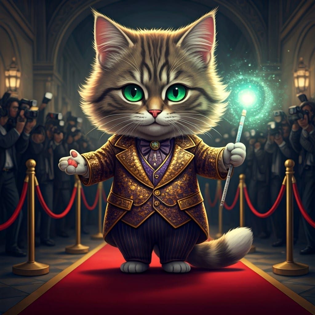 Magical Cat in Sparkling Gold and Purple Suit