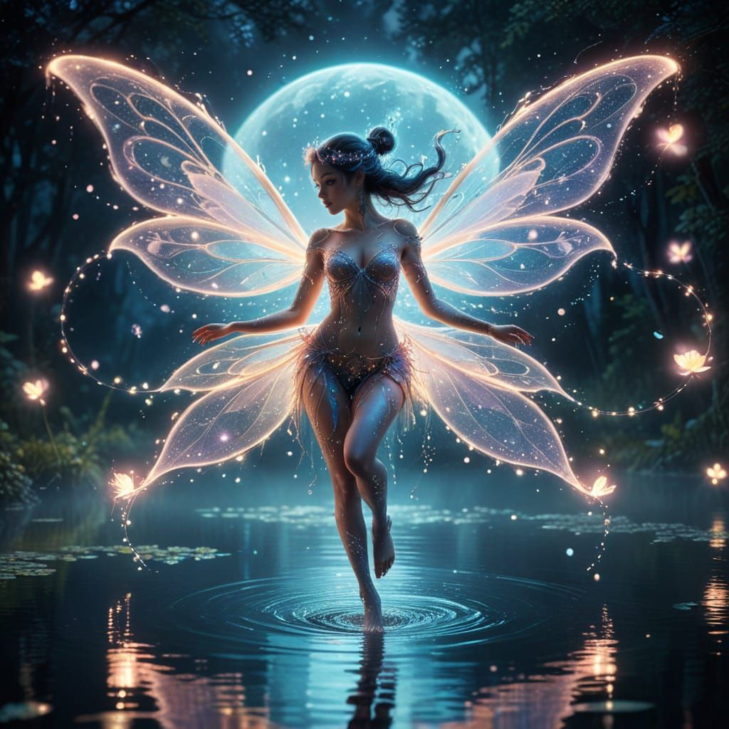 Kawaii Fairy Soars Over Moonlit Lake