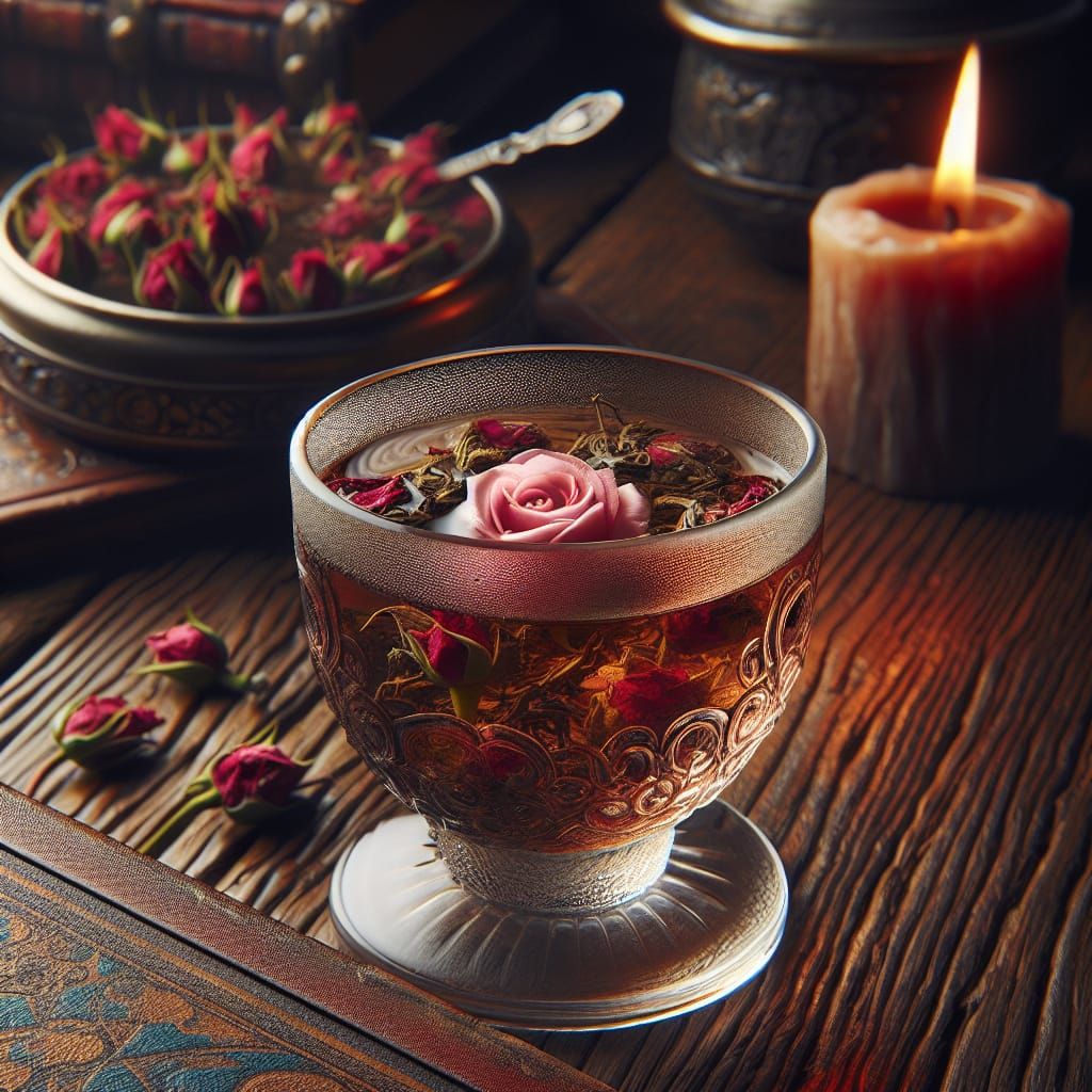 Rose Tea Steeping in Glass Cup with Candle