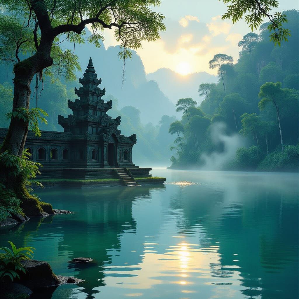 Ancient Jungle Temple by Tranquil Lake at Dawn