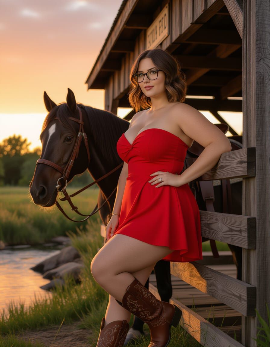 Curvy Woman with Horse at Sunrise: Cinematic Portrait