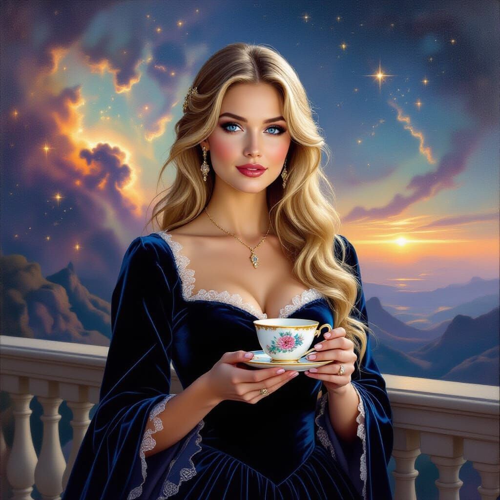 Woman with Biscuits and Celestial Teacup in Nebula