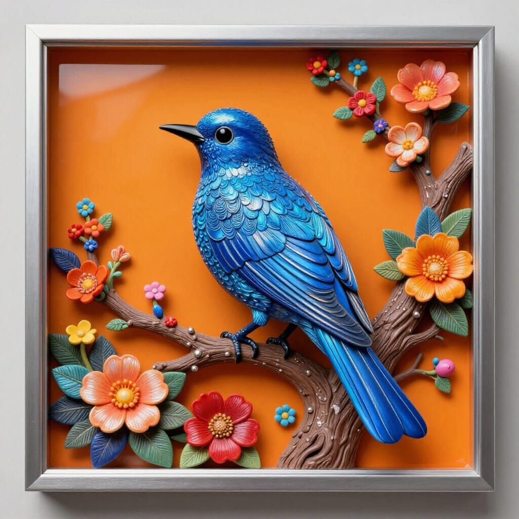 Vibrant Blue Bird 3D Sculpture with Orange Bloom