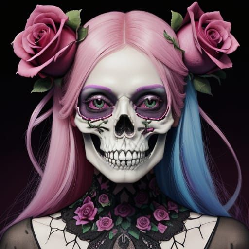 Surreal Pink Skull Blooms in Vibrant Oil Painting