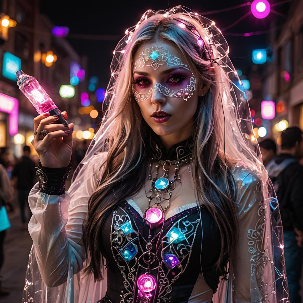 Changeling Woman Licking Flashlights: Cinematic Portrait