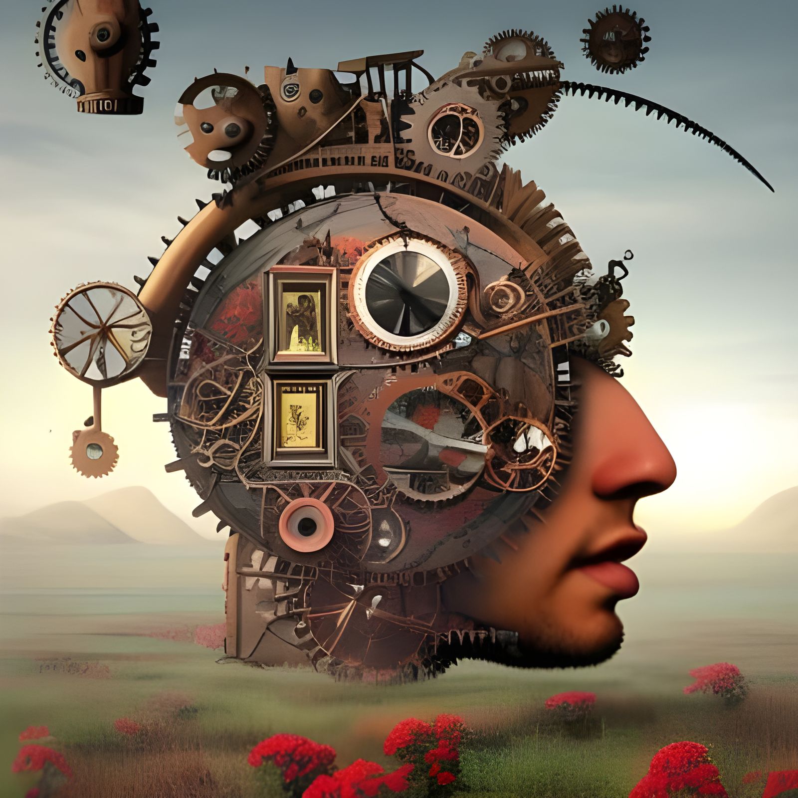 Steampunk Time Machine in Floral Field at Sunset