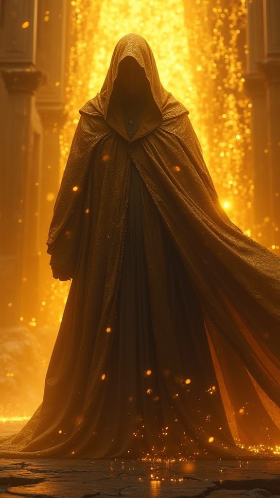 Mysterious Hooded Figure in Golden Light at Divinity's Thres...