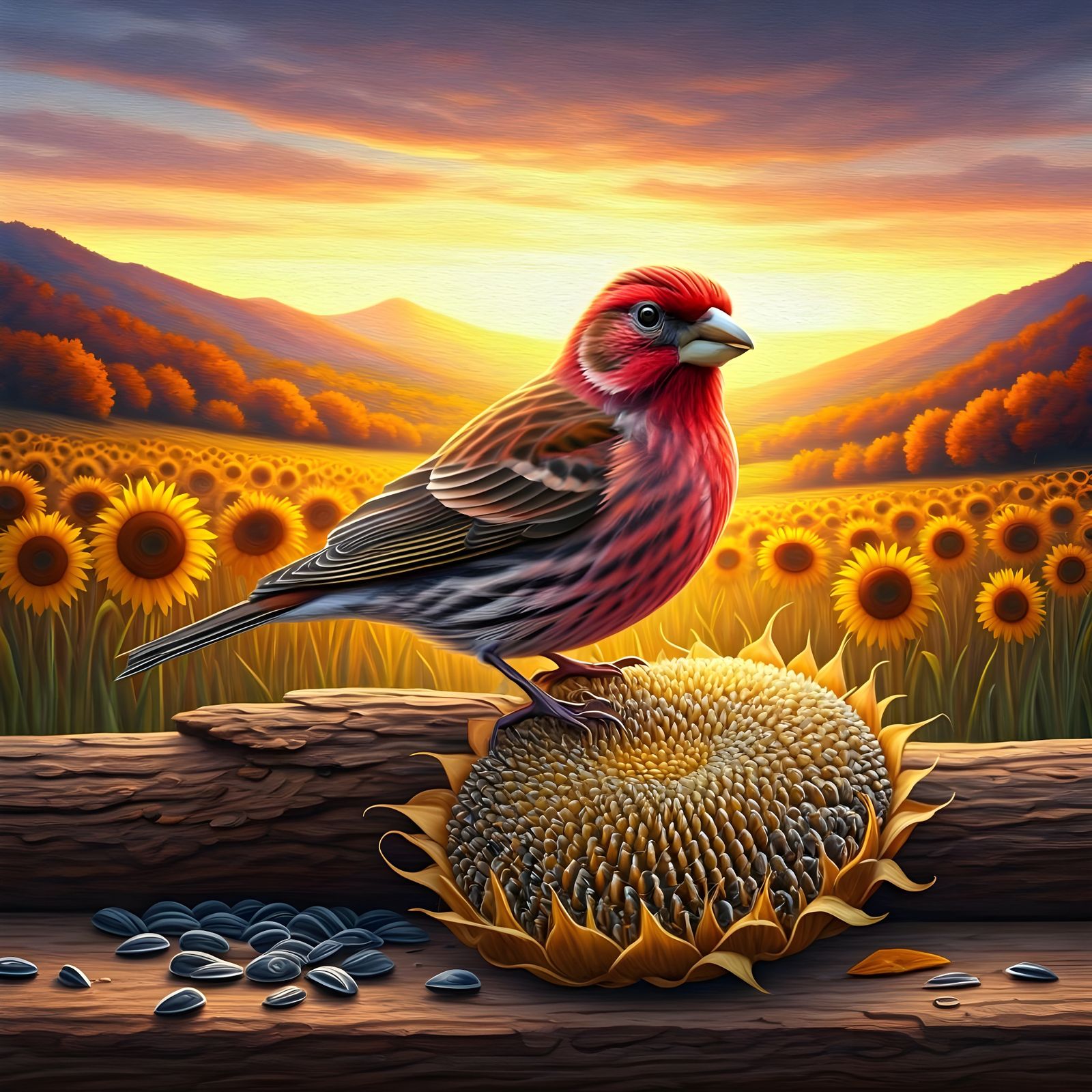 Purple Finch on Sunflower Head Painting