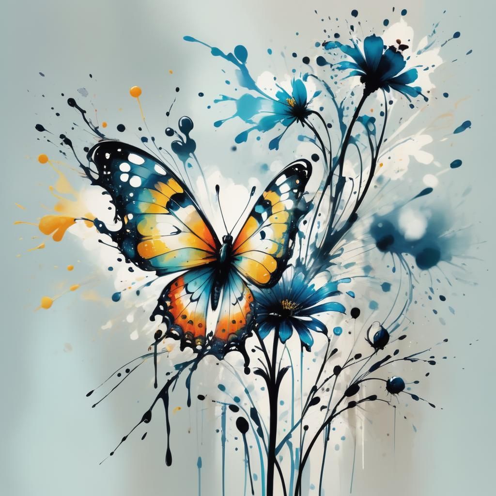 Whimsical Butterfly on Flower in Ink Splatter Style