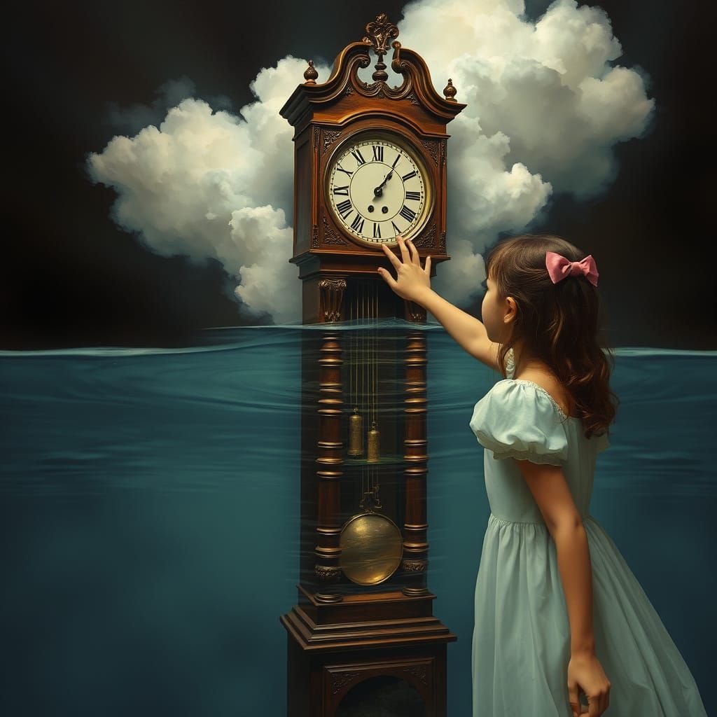 A Girl Tries to Touch a Water Grandfather Clock in Surreal I...