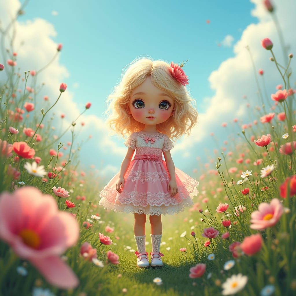 Whimsical Young Girl in a Vibrant Art Nouveau-Inspired Meado...