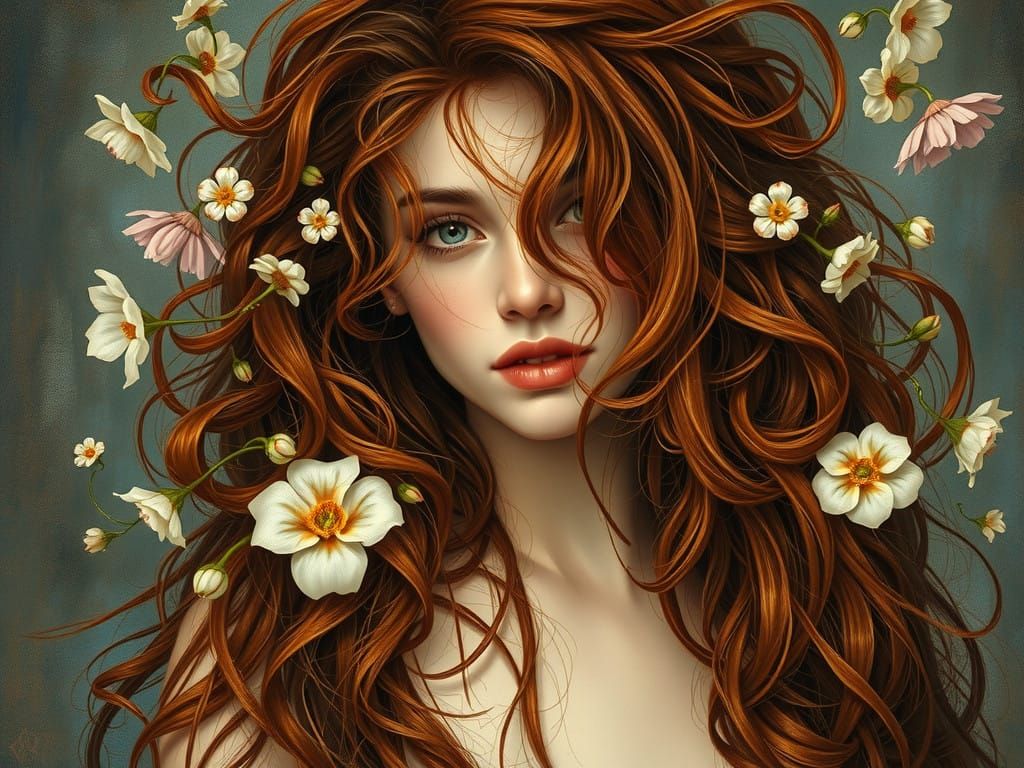 Auburn Goddess Surrounded by Blooming Vines