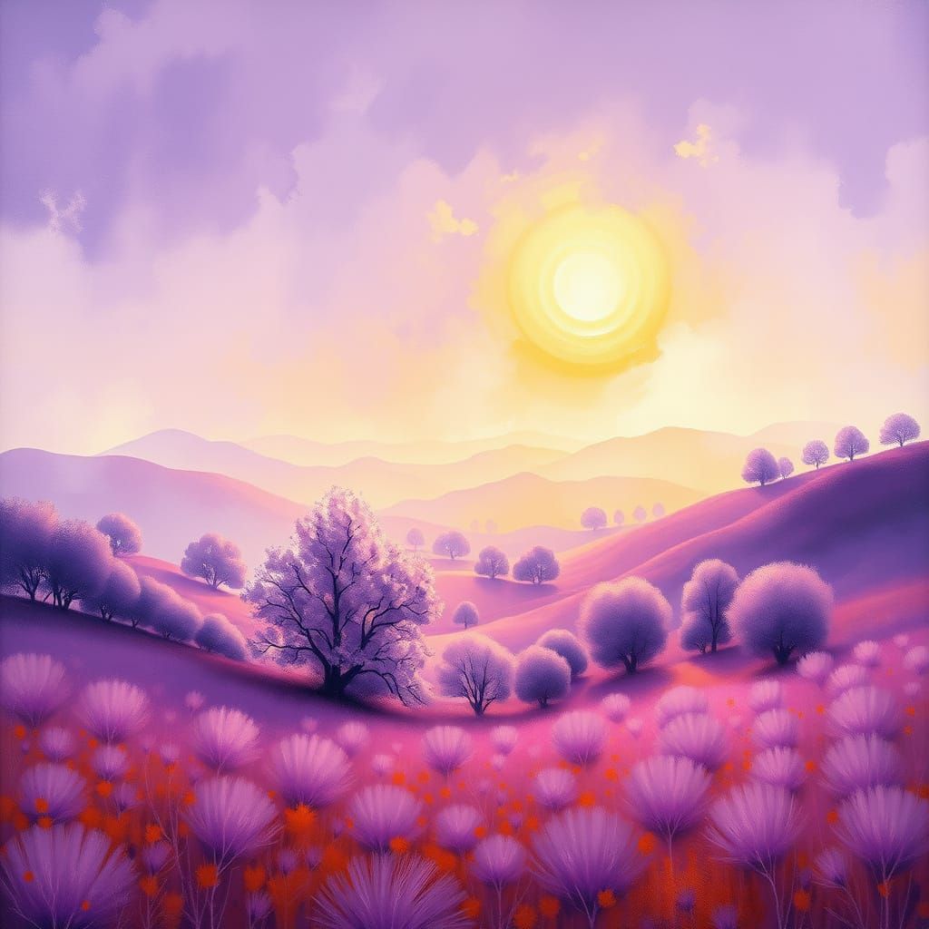 Ethereal Purple Landscape in Vibrant Gouache Style