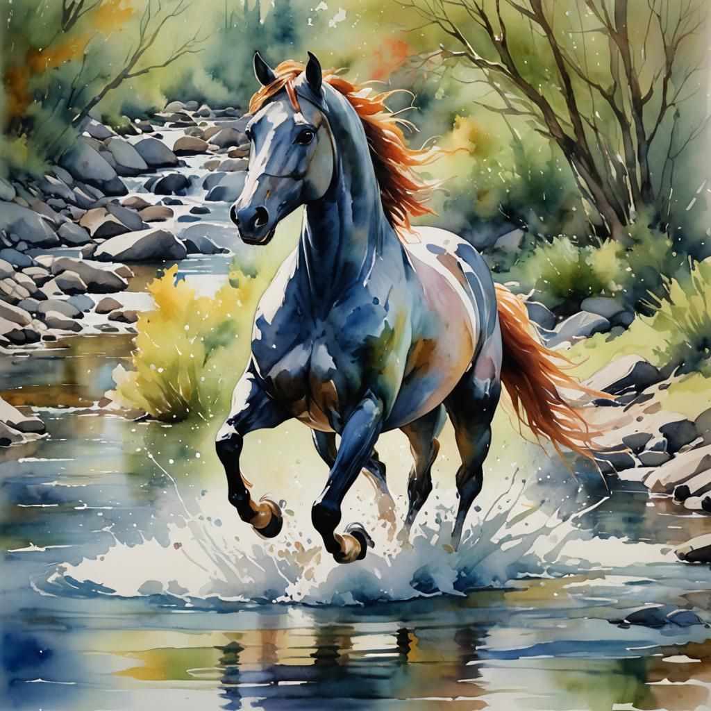 Colorful Watercolor Horse Galloping in Stream