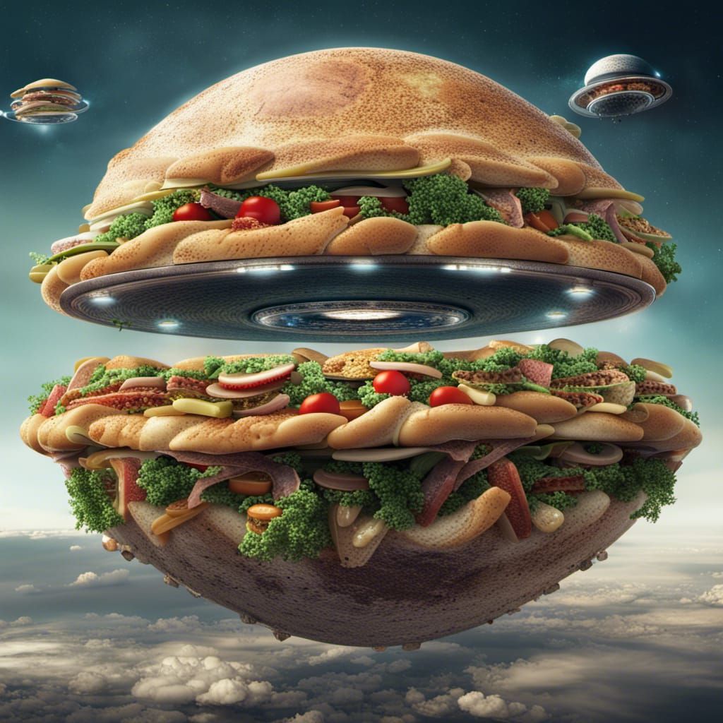UFO Sandwich Stealing Earth's Food: Hyperrealistic Image