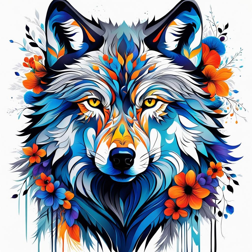 Wolf with Flowers: Abstract Digital Art