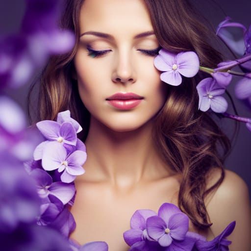 Beautiful Woman Smelling Violet Flowers