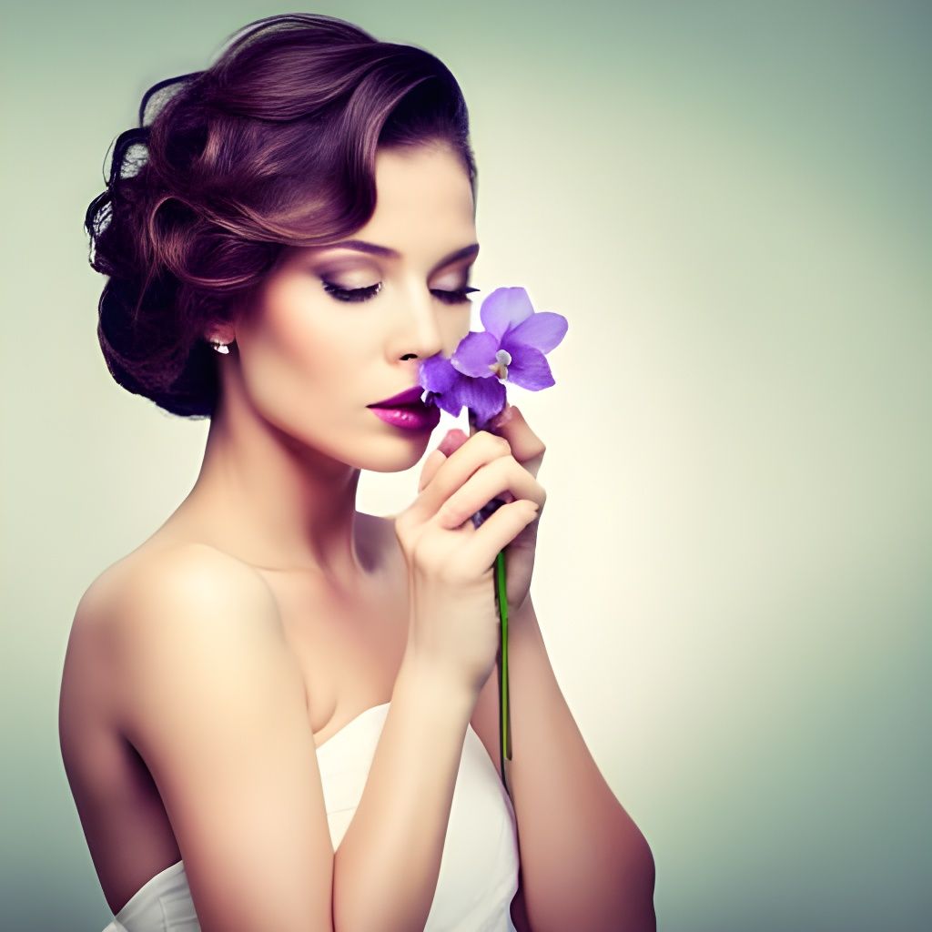 Beautiful Woman Smelling Violet Flowers