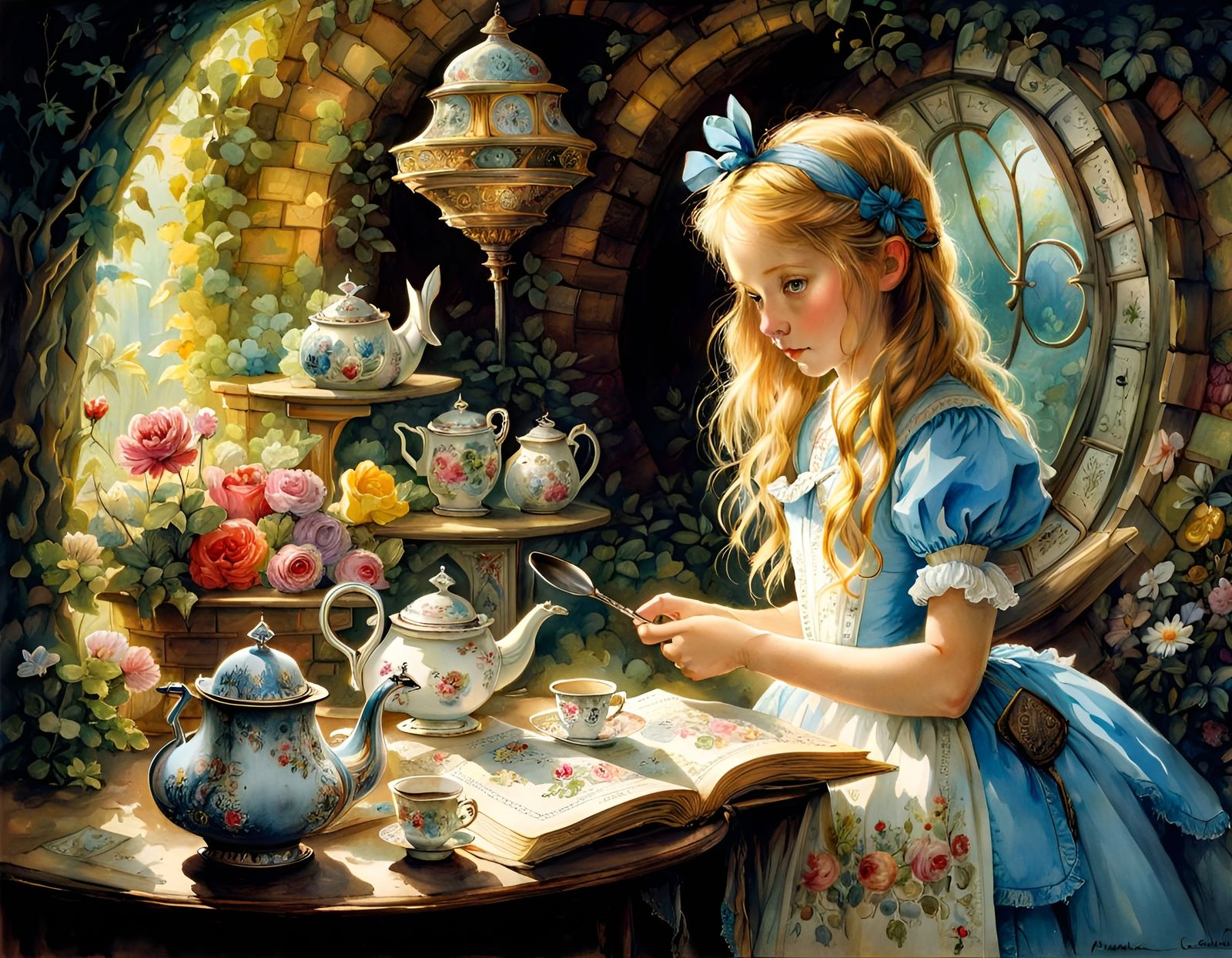 Alice in Wonderland Enters Rabbit Hole: Waterhouse-Style Wat...