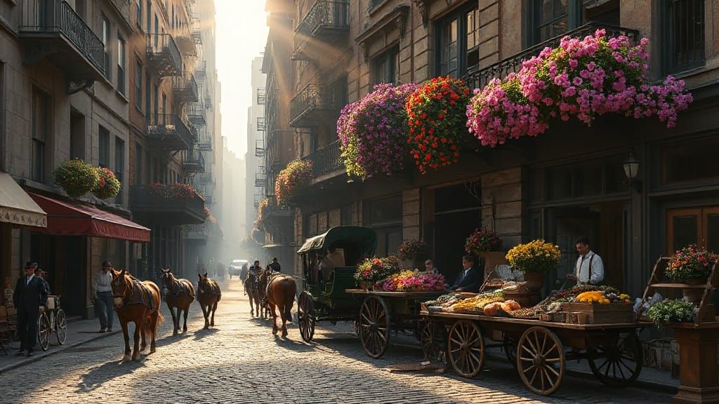 17th Century NYC Street Scene with 1870s Carriages